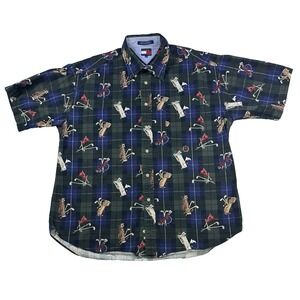 VTG Mens Tommy Hilfiger Button Up Shirt Golf Plaid Blue Green Size XL Sports
